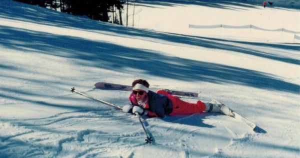 Karin sliding down the ski hill in need of some skill development