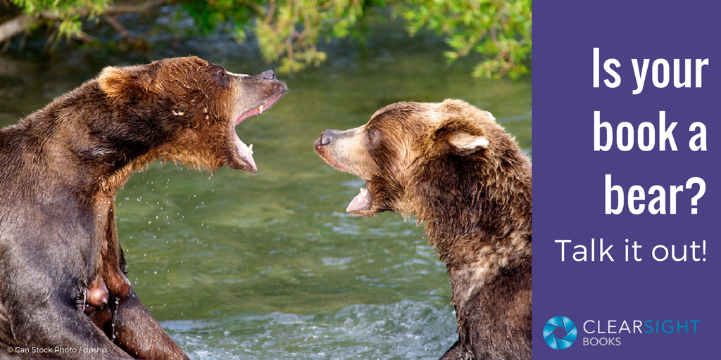 Two bears in a river, mouths open as if they are yelling at each other. Text: Is your book a bear? Talk it out! (Speak your book)