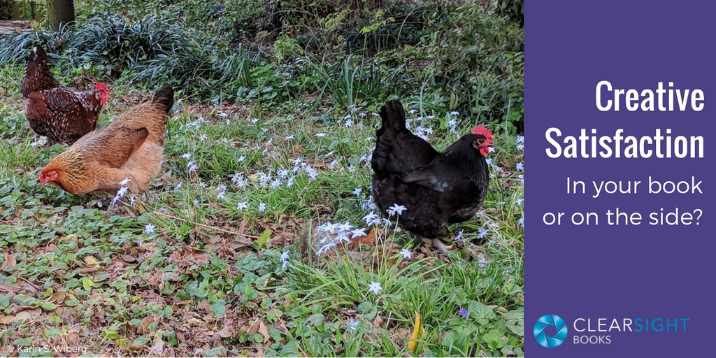 image of chickens grazing in flowery weeds