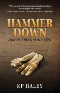 Book cover for Hammer Down: brownish background of a map, used work gloves in front