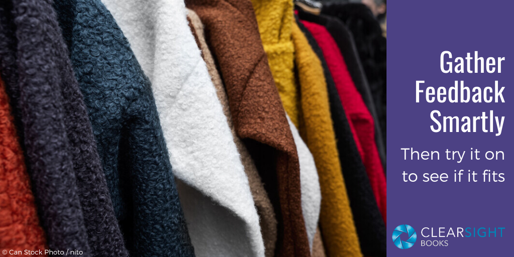 Image of wool coats on a rack. Gather feedback on your book smartly, then try it on to see if it fits.