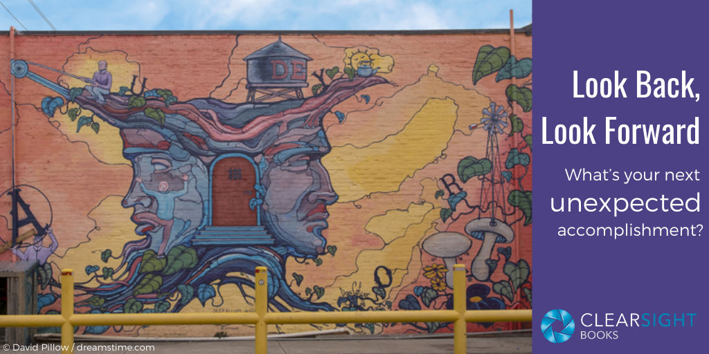 image of colorful Janus mural, looking back and forward at unexpected accomplishments