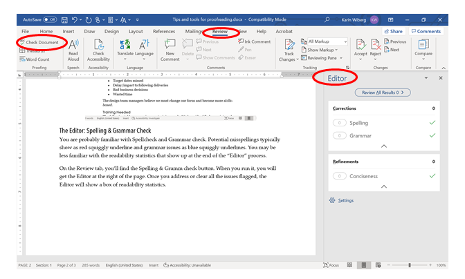 Image of MS Word document using the checker (spell check and grammar check)