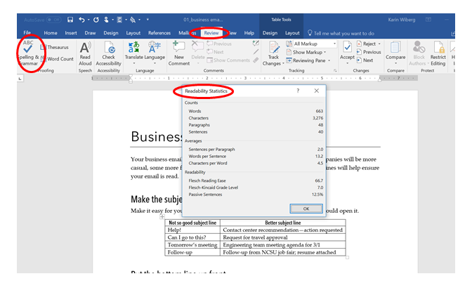 Image of the readability statistics in MS Word