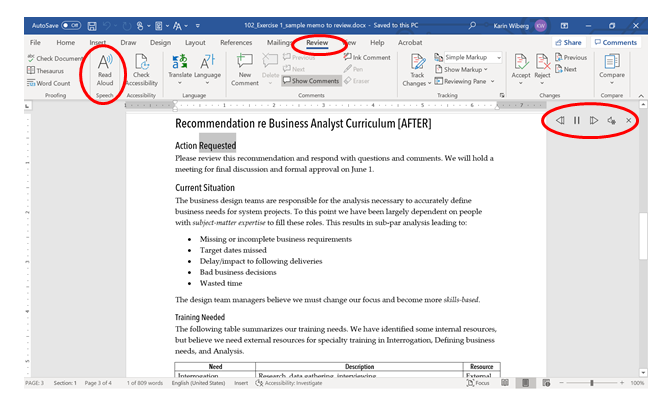 Image of the Read Aloud tool in MS Word 