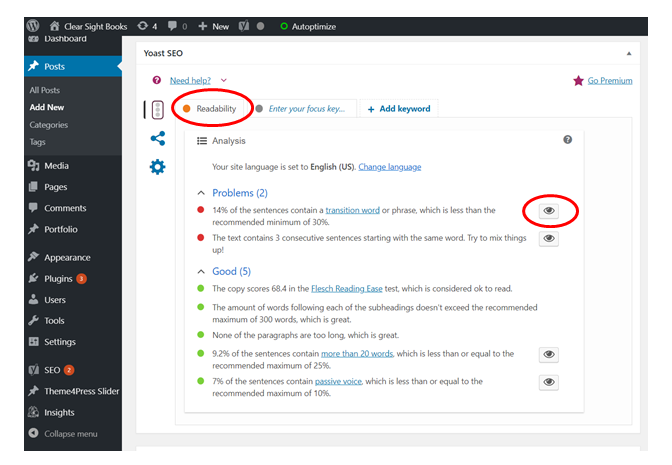 Image of Yoast readability score on a WordPress post