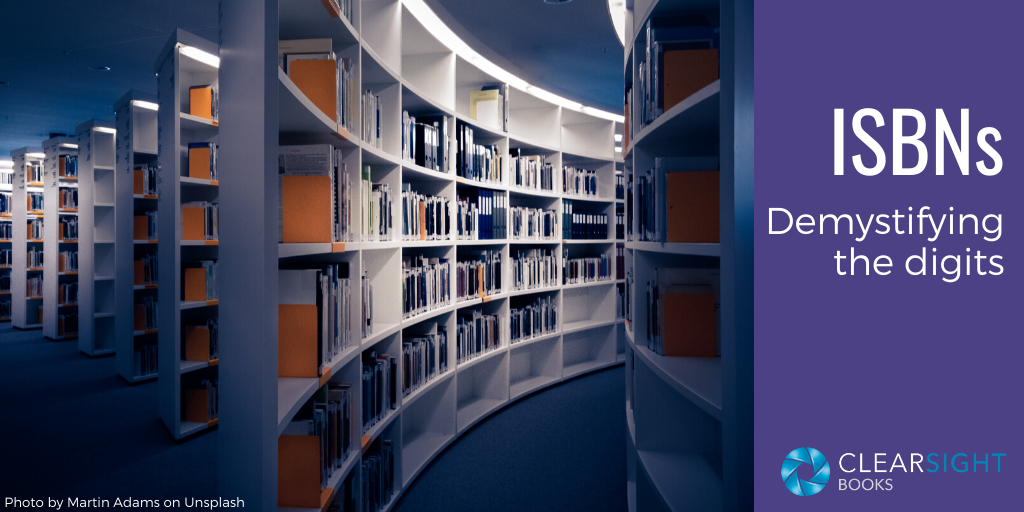 image of curved library shelves in a dark/shadowy setting; ISBNs: Demystifying the digits