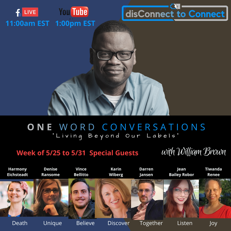 graphic showing host and guests on One Word Conversations show including "discover"