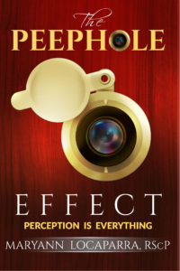 Book cover for The Peephole Effect: red-brown wood door with an open gold peephole.