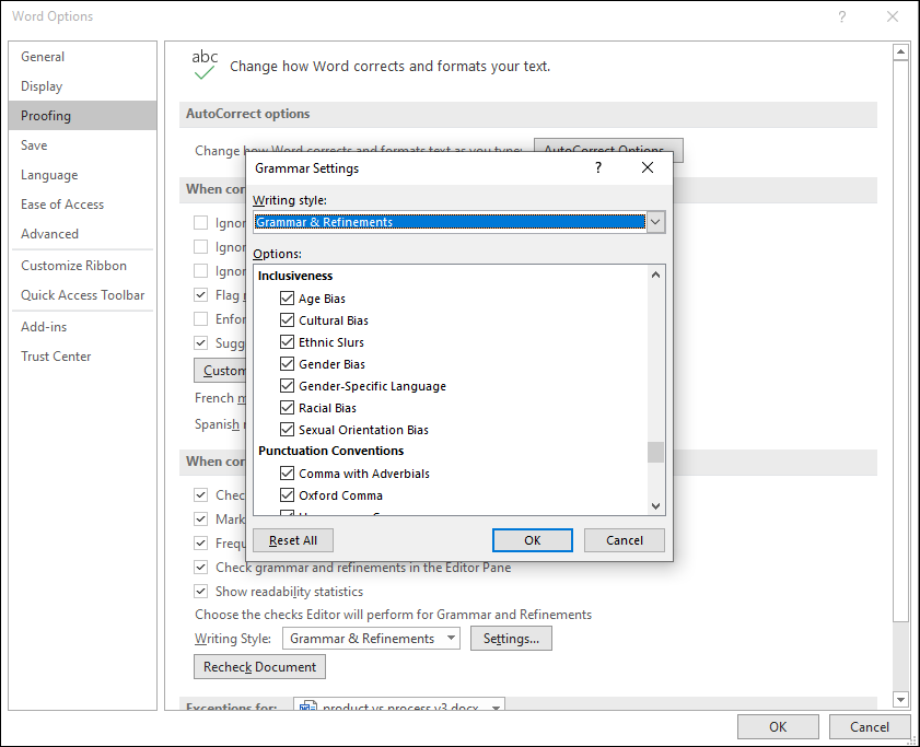 Screenprint of Word's Proofing settings and options available, such as Inclusiveness (flagging age bias, cultural bias, gender bias, etc.)