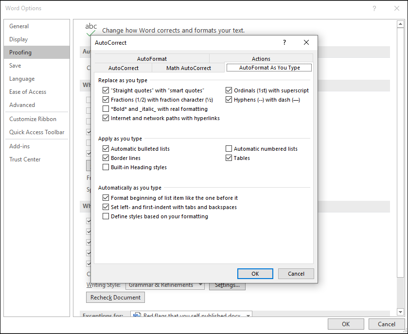 image of Word setting for autocorrect