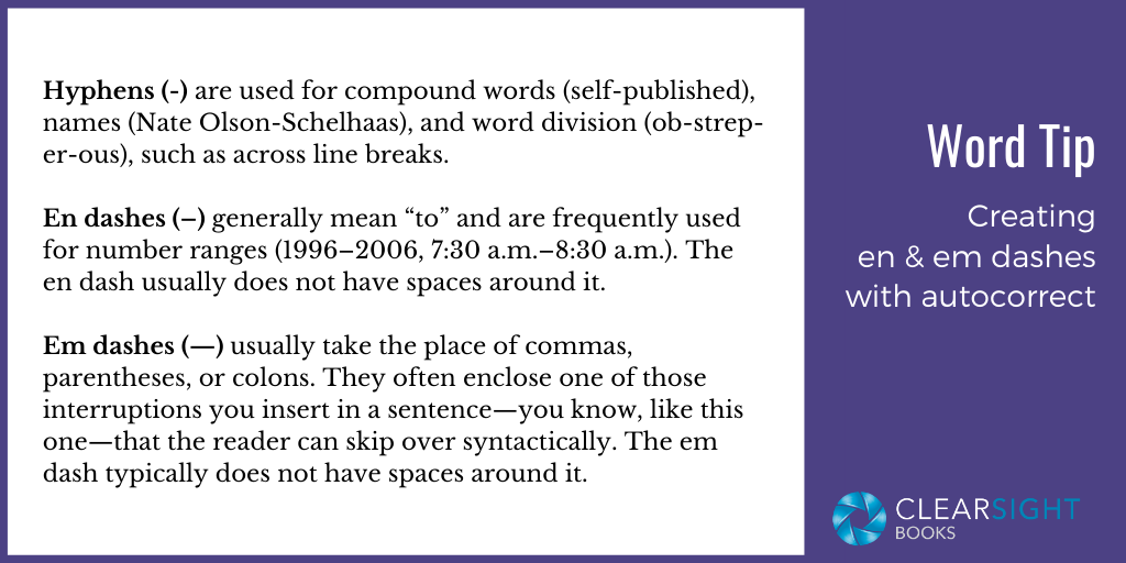 Image with brief rules for hyphens, en dashes, and em dashes