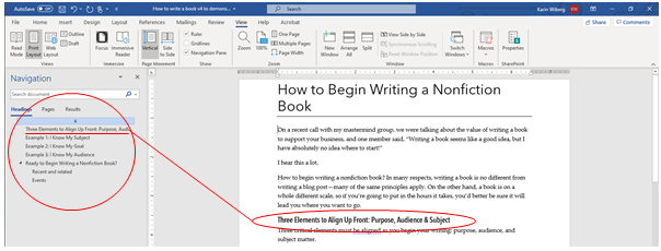 how to view table of contents in word on left pane