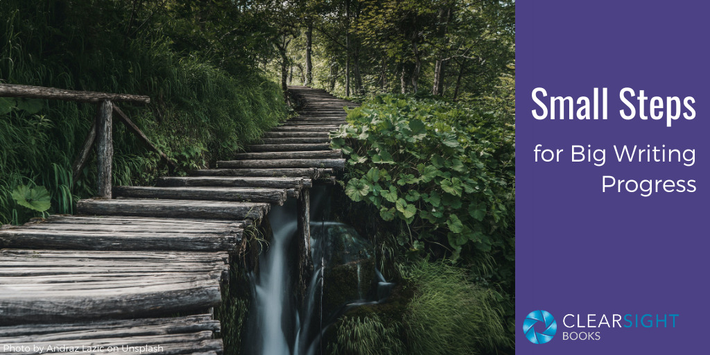 Photo of wooden steps leading up a path through a lush forest. Writing in small steps.