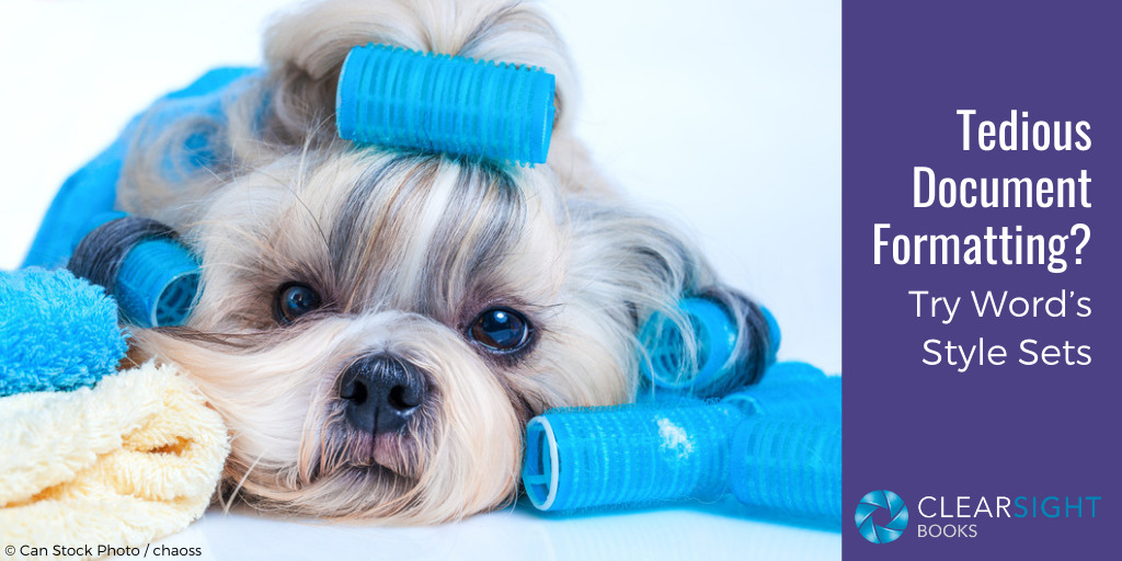 Shih tzu dog with curlers in its hair looking exasperated. Tedious document formatting? Try Words Style Sets.