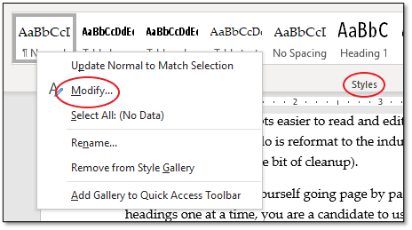 Word Styles, Modify menu