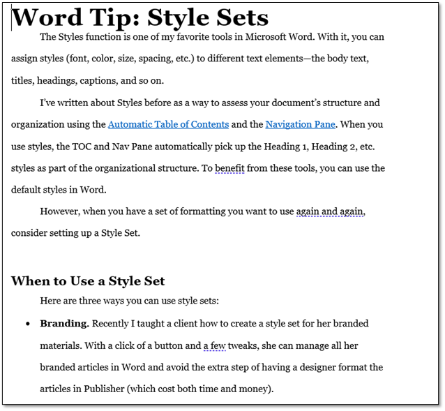 how do i switch to simple style set in word 365