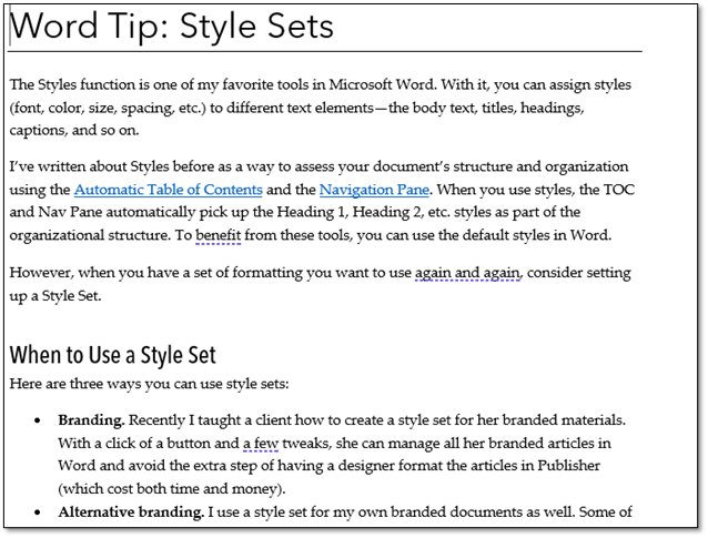 how do i switch to simple style set in word 365