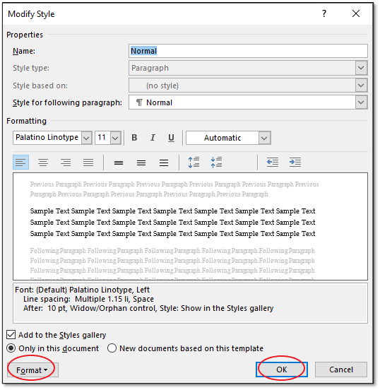 Modify Style formatting box