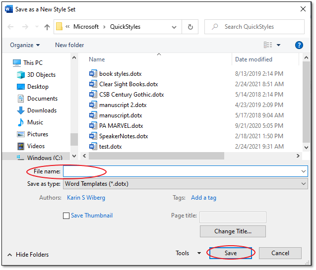 Save as a New Style Set dialog box
