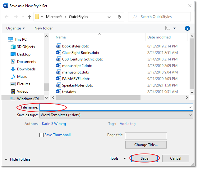 how to save a new style set in word 2013