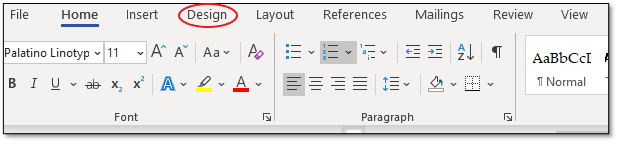 Design tab on Word ruler