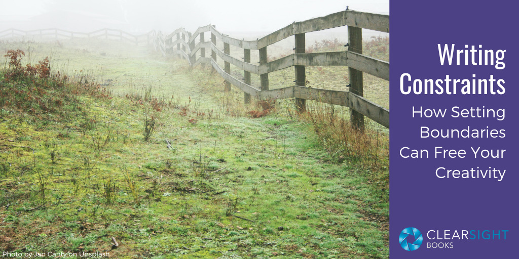 Image of pasture with wooden fence. Text: Writing Constraints: How setting boundaries can free your creatvity