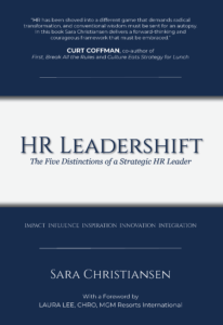 Book cover for HR Leadershift: navy blue background with a white stripe across the middle where the title is.