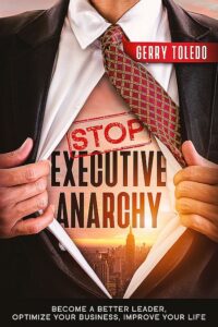 Stop Executive Anarchy book cover; image of man opening suit jacket to show a brighter day dawning