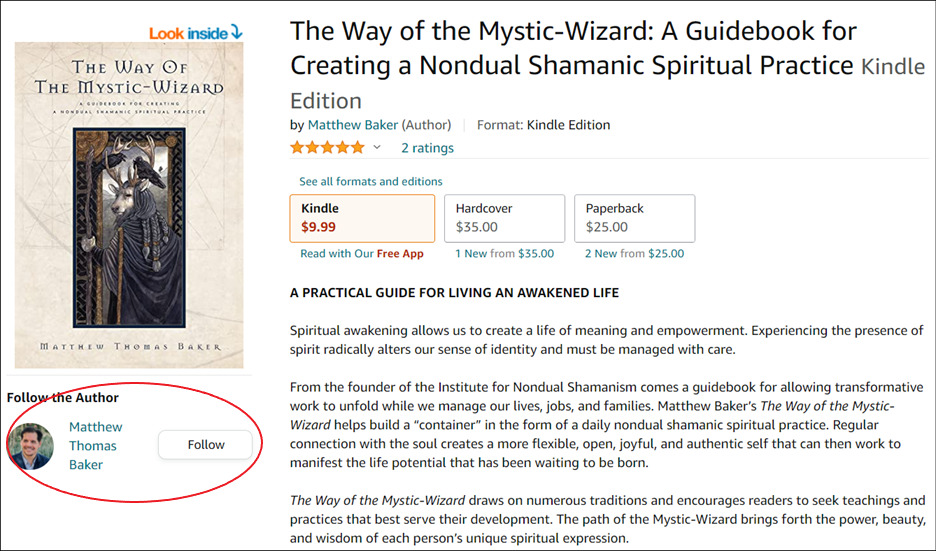 The Amazon product page for the book The Way of the Mystic-Wizard by Matthew Baker with Follow the Author circled