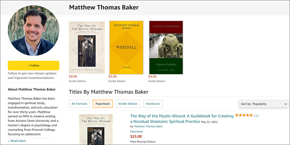 Matthew Baker's author page with headshot and bio at left, his three books at right, and more detailed book descriptions below