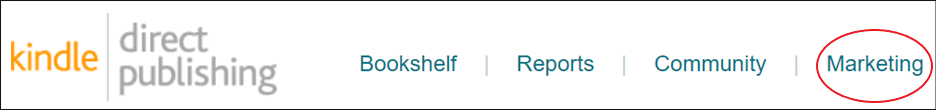 KDP top menu bar with Marketing circled
