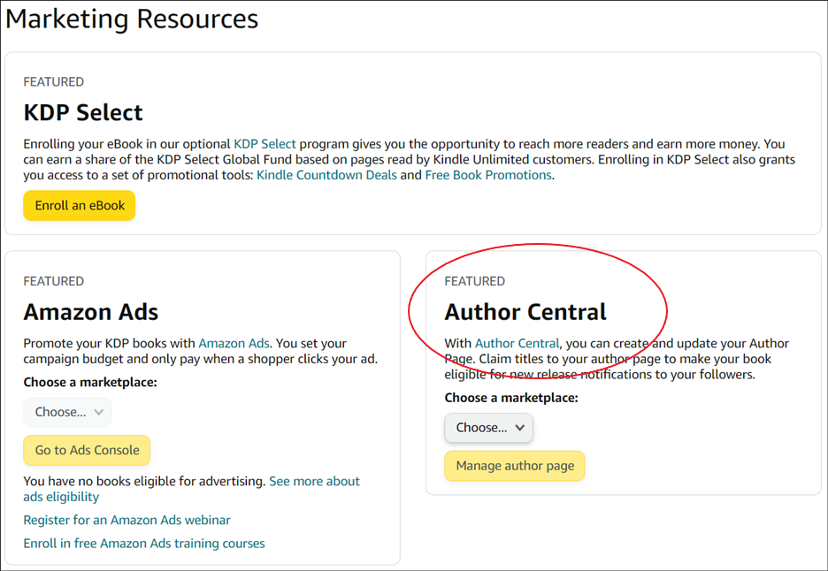 KDP's Marketing page with the section about Author Central circled