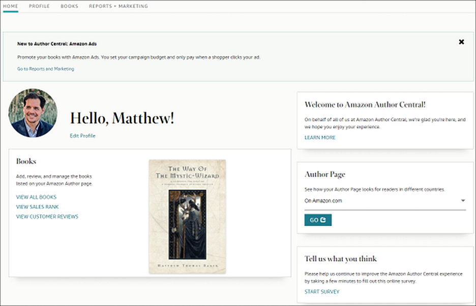 Matthew Baker's Amazon Author Central home page displaying links to his books, sales ranks, author page, and other information