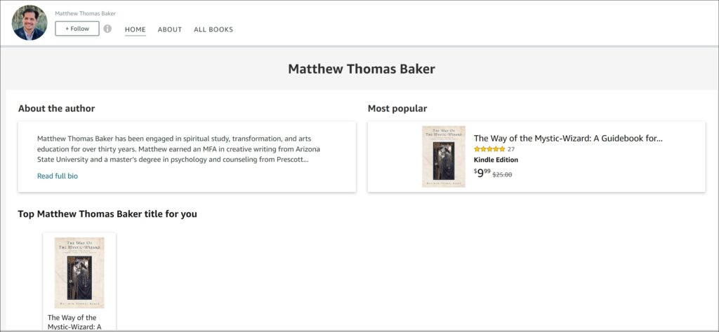 Matthew Thomas Baker's Amazon author page with his photo, beginning of his bio, most popular book, and recommended book.