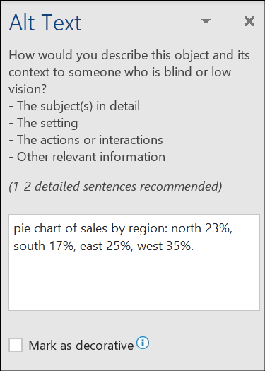 Microsoft Office field for writing alt text or marking it as decorative