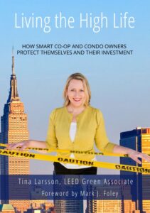 Cover of Living the High Life with blond white woman (author) in yellow sweater behind caution tape, with blue sky and New York skyline in the background