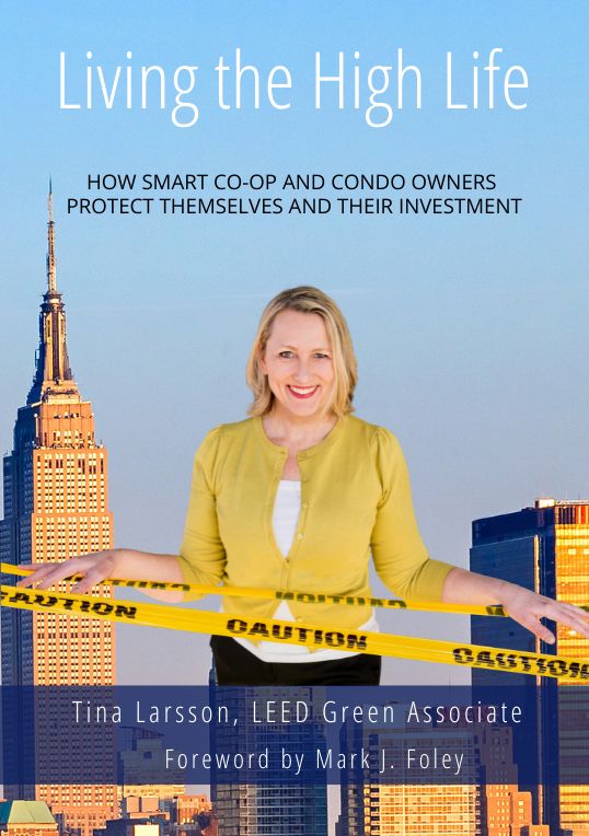 Living the High Life book cover: Tina Larsson, a blond white woman in a yellow sweater standing behind yellow caution tape with New York buildings in the background