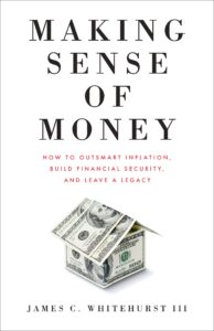 Book cover of Making Sense of Money - white background with a money house folded out of hundred-dollar bills.
