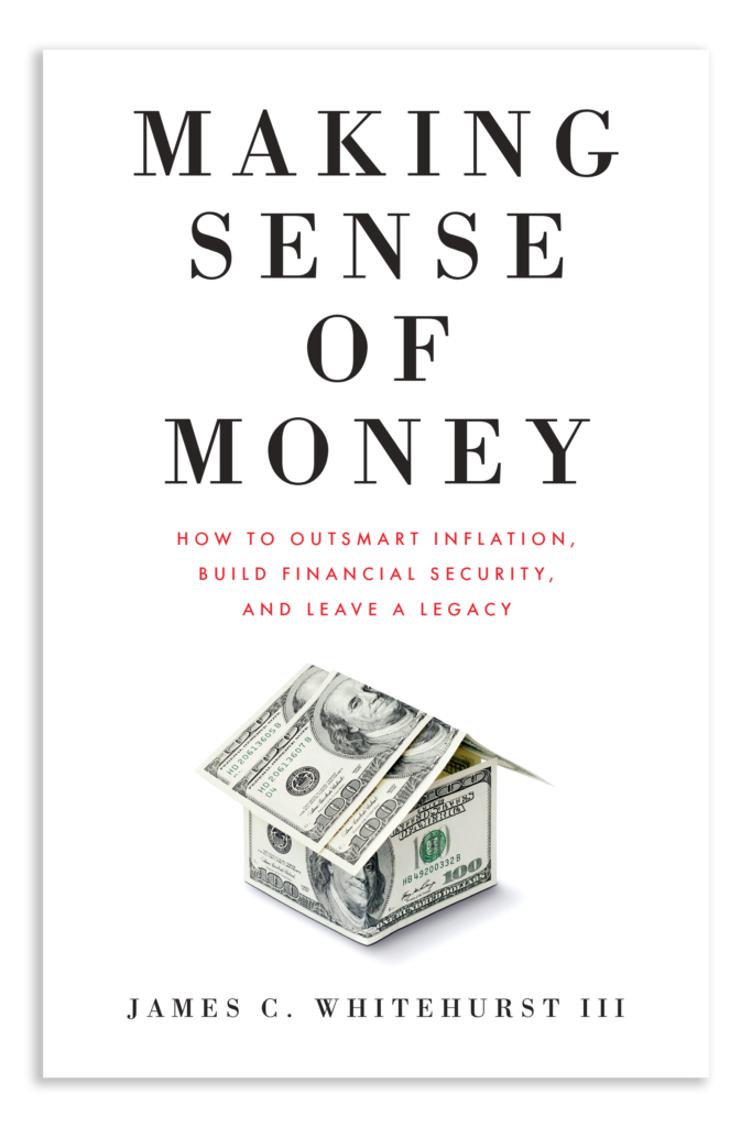 Book cover of Making Sense of Money - white background with a money house folded out of hundred-dollar bills.