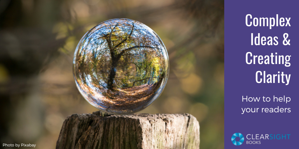 Text: Complex Ideas and Creating Clarity--how to help your readers. clear glass globe with intricate tree magnified in it and fuzzy forest in the background.