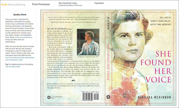Screenshot of full book cover (back, spine, front) in KDP's online previewer tool