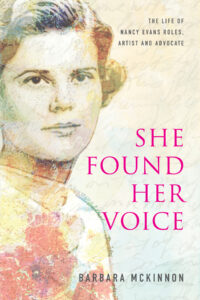 Book cover of She Found Her Voice - young woman at left with floral motif and handwriting in the background; title in bright pink