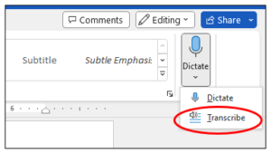 Dictate button options with a red circle around Transcribe.