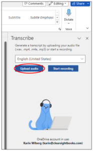 Transcribe menu with red circle around Upload Audio.