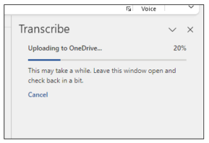Transcribe option showing status "Uploading to OneDrive... 20%."