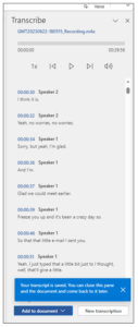 Transcribe tool with transcription showing speakers and timestamps.
