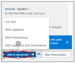 In Transcription tool, a red circle around the Add to document button, with the options for doing so shown.