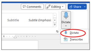 Dictate button with a red circle around the Dictate option.