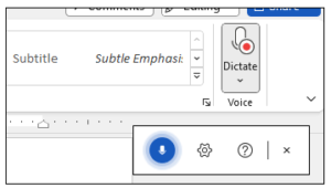 Dictation controls with red button showing, indicating the tool is recording.
